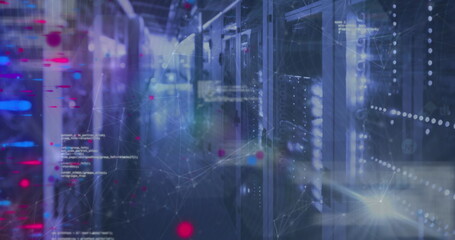 Flickering rack-mounted server LEDs lighting data center aisle with floating network code diagrams