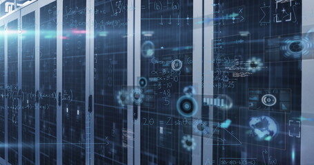 Displaying central server racks under blue lights in data center aisle, with floating data graphics