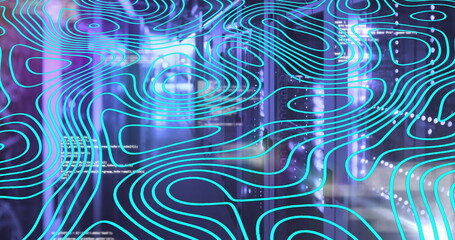 Displaying cyan contour lines over blurred server racks and equipment, with glowing code displays