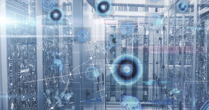 Showing central server racks streaming data graphs with blinking LEDs in data center, network nodes