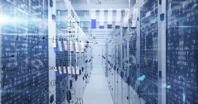 Showing data center aisle flowing with binary and math overlays, with glass-door server racks
