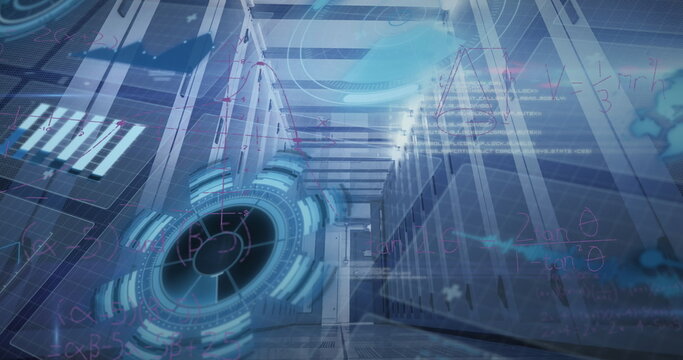 Displaying holographic interface floating inside data corridor, with server racks and LED lights