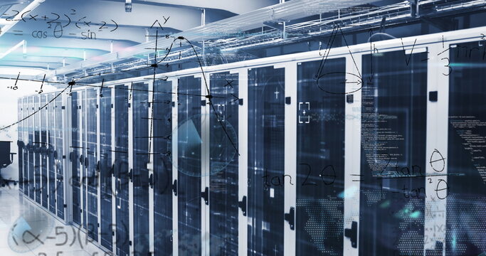 Glowing server cabinets flashing LEDs in data center aisle, showing floating equations and cables
