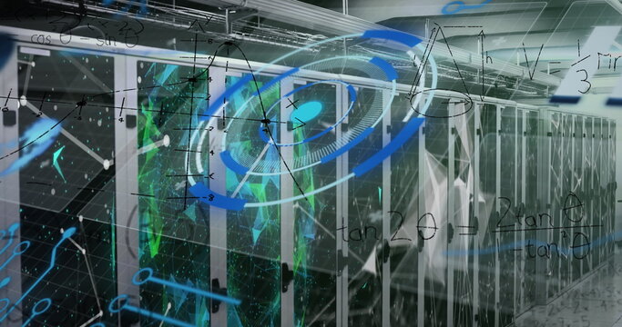 Displaying server racks revealing blinking LED lights in data center corridor, with holograms - Powered by Adobe