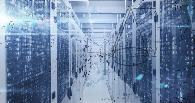 Glowing data center corridor showing server racks with blinking LEDs, cables and digital overlays - Powered by Adobe