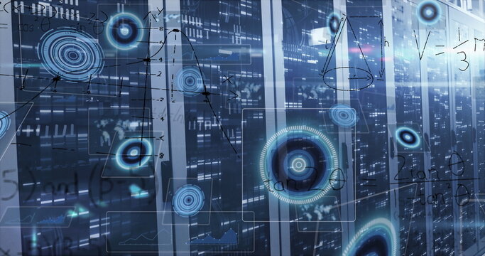 Streaming data analytics on glowing server cabinets in server room aisle, with holographic overlays