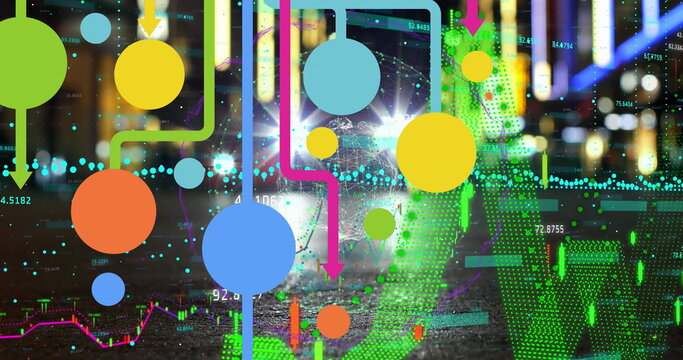 Streaming data visualization across night street, with circles, lines and data readouts - Powered by Adobe