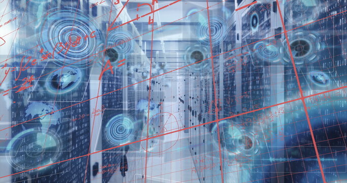 Walking tech team navigating narrow server corridor, displaying red grid overlay and HUD data