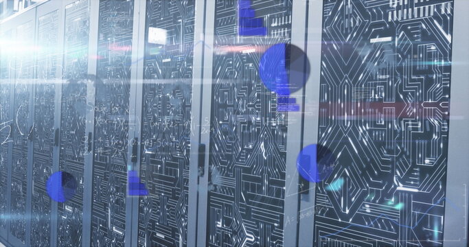 Blinking LED status lights along server cabinets in data center hall, with digital overlay graphics - Powered by Adobe