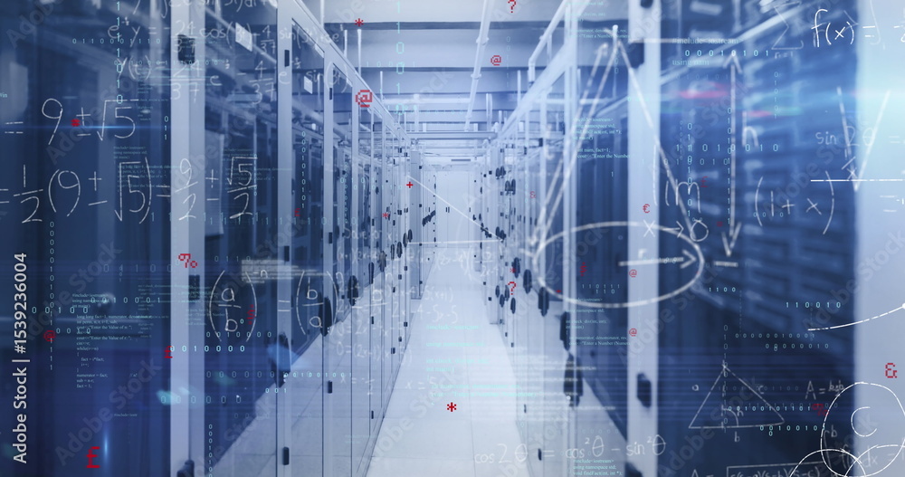 Poster highlighting data center aisle featuring server cabinets with blinking leds, digital overlays