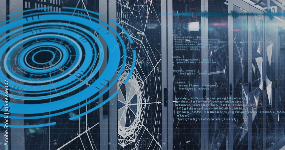 Poster featuring server rack displaying wireframe sphere in data center with blue circles and code