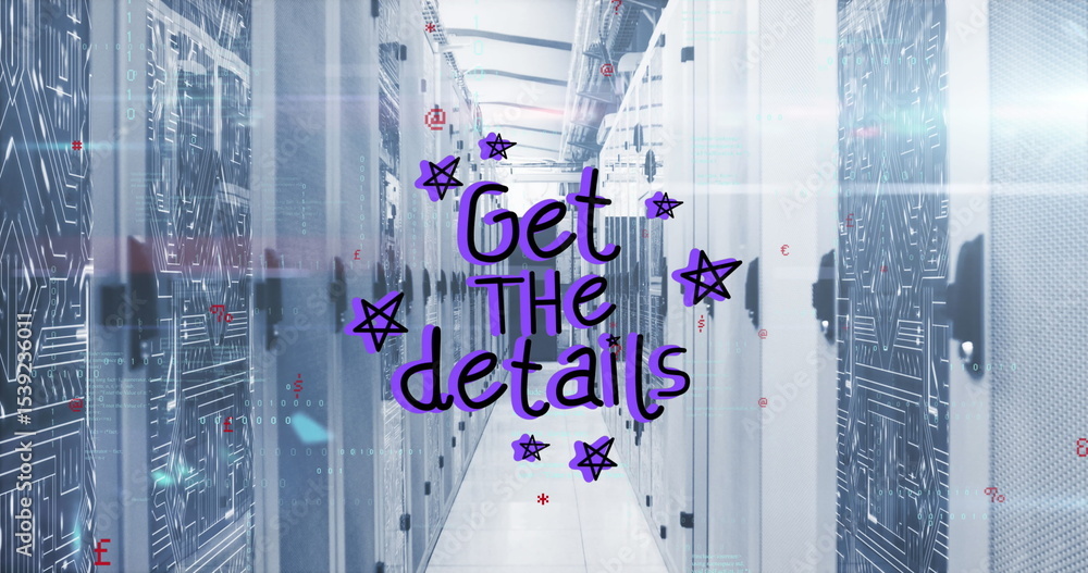 Poster blinking status leds illuminating racks, circuit doors in data center aisle, with floor, code lines