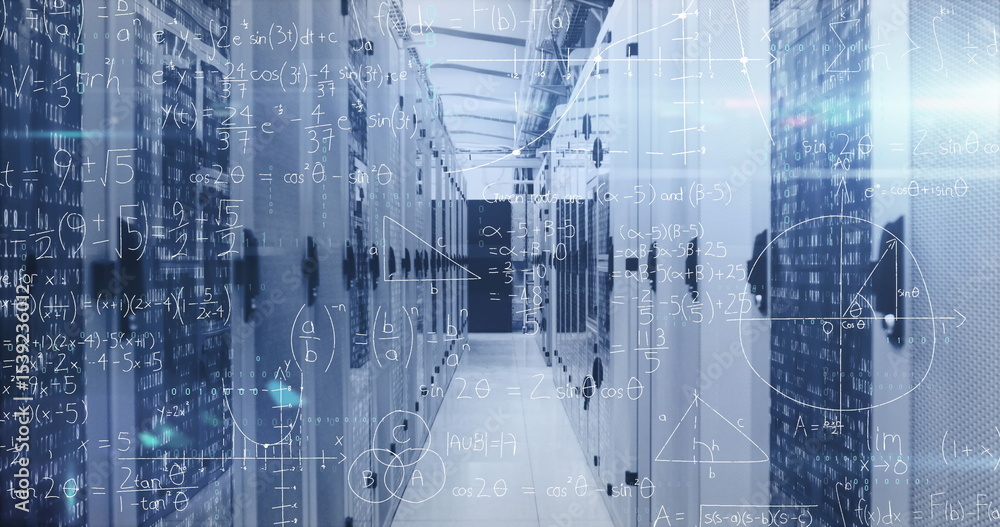 Poster extending central server racks forming data center corridor, with blade servers and math overlay