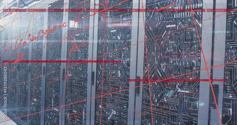 Poster displaying server racks holding circuit boards and led lights in data center hall, with red overlay