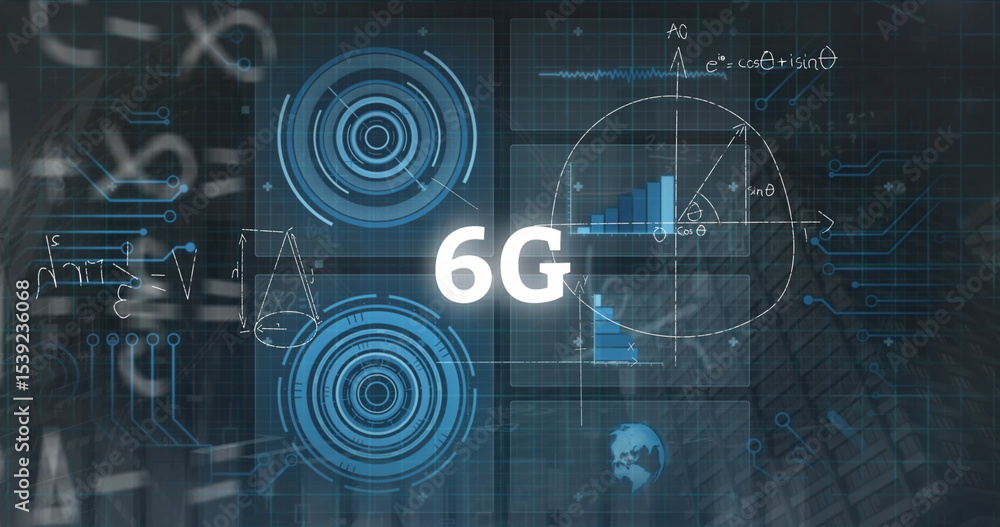 Poster displaying central 6g text on abstract interface scene, with hud elements, translucent data panels