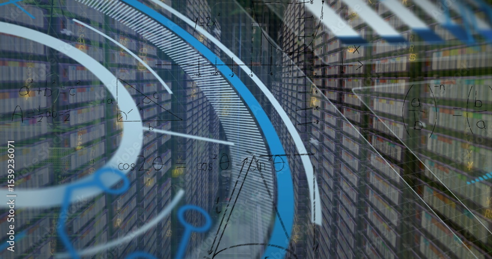 Poster displaying swirling blue ribbon mapping flow in data center corridor, with rack leds and formulas