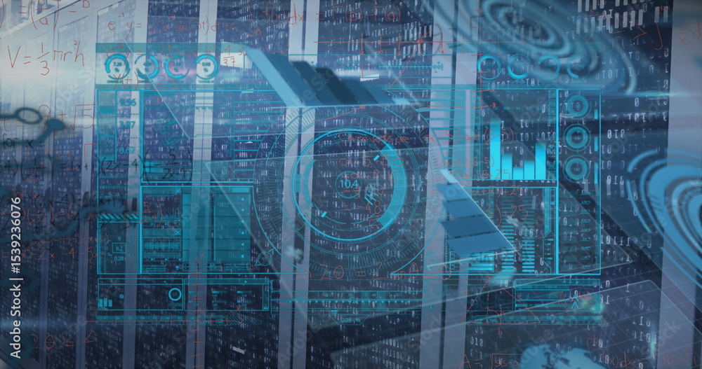 Poster featuring central server racks showing glowing data charts in server room, with cabling