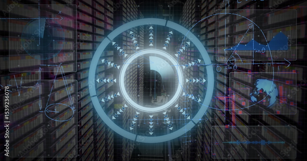 Poster displaying holographic interface projecting in server corridor, with led lights and data panels