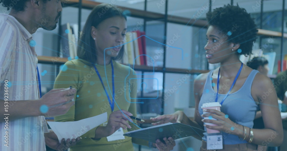 Poster collaborating colleagues pointing at tablet and reviewing documents in office with graphic overlays