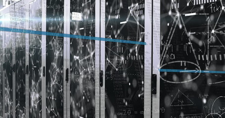 Server cabinets behind glass flashing LEDs in data center, network overlays, horizontal blue line