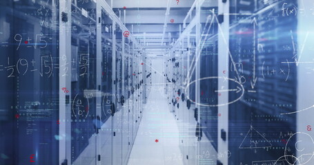 Highlighting data center aisle featuring server cabinets with blinking LEDs, digital overlays