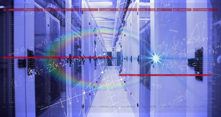 Glowing central aisle under blue LED lighting in server room corridor, with digital equations