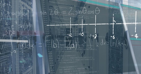 Displaying server rack with network cables, glowing LED lights in data center aisle, code overlay
