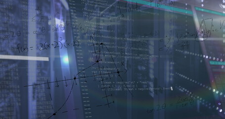 Displaying code snippets and math formulas overlaying server racks at data center with lens flare