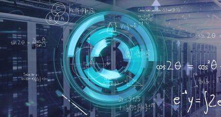 Projecting blue-green holographic interface showing diagrams in data center, with racks cables