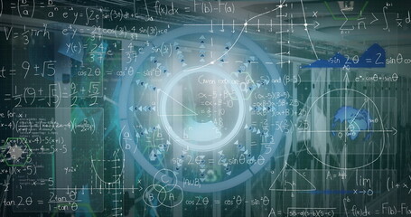 Displaying circular interface projecting math and physics formulas at lab with server racks and HUD