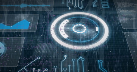 Displaying circular HUD on interface, showing graphs, waveforms, formulas, circuit and binary data