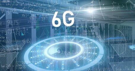 Glowing holographic 6G label and circular interface floating in data center, with server racks