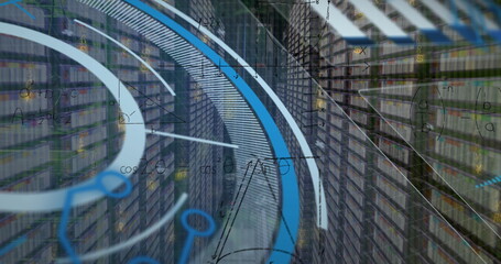 Displaying swirling blue ribbon mapping flow in data center corridor, with rack LEDs and formulas