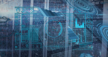 Featuring central server racks showing glowing data charts in server room, with cabling
