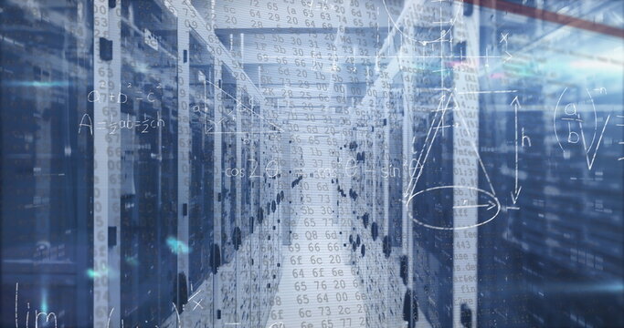 Server racks glowing under blue light in data center corridor, with code and math diagrams overlay
