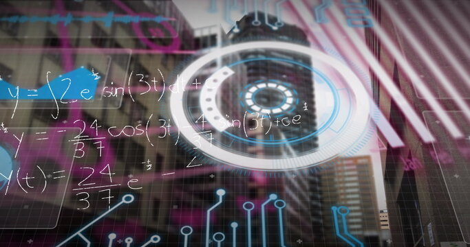 Showing HUD displaying equations, circuit traces and waveforms on office facade in city center