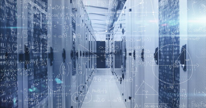 Extending central server racks forming data center corridor, with blade servers and math overlay