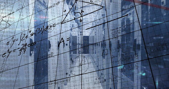 Overlaying clear grid of equations and shapes over financial district skyline, with data columns