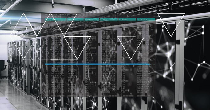 Displaying central server cabinets lining data center server room, showing LEDs and code overlay