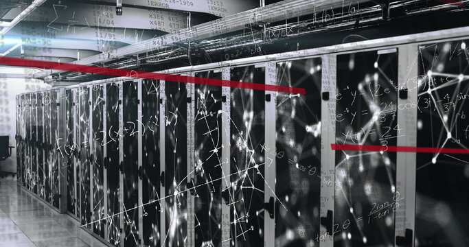 Extending server cabinets in data center, displaying network equipment, overlay, red line
