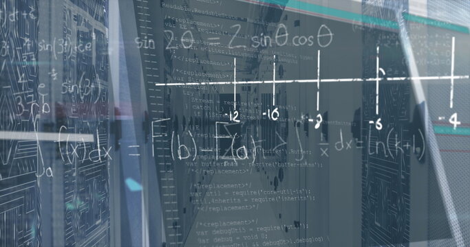 Displaying server rack with network cables, glowing LED lights in data center aisle, code overlay