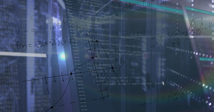 Displaying code snippets and math formulas overlaying server racks at data center with lens flare