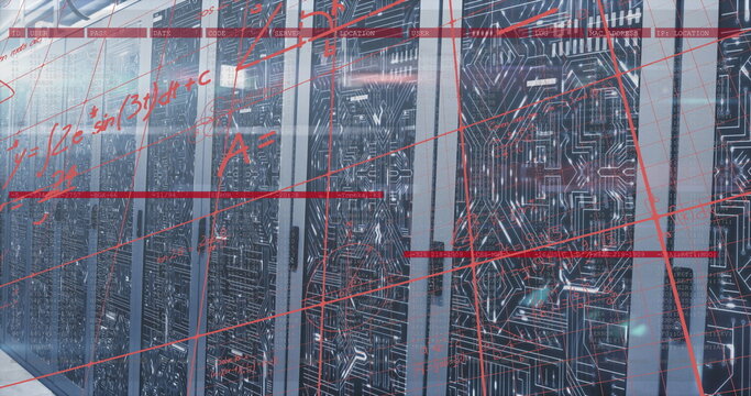 Displaying server racks holding circuit boards and LED lights in data center hall, with red overlay