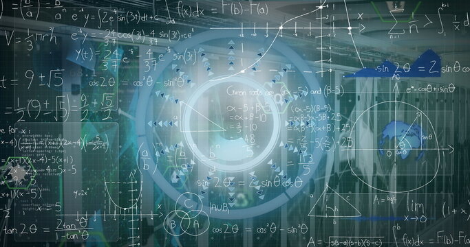 Displaying circular interface projecting math and physics formulas at lab with server racks and HUD - Powered by Adobe
