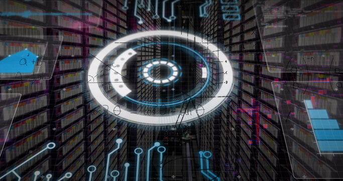 Hovering concentric holographic rings among server racks, showing math equations and data charts