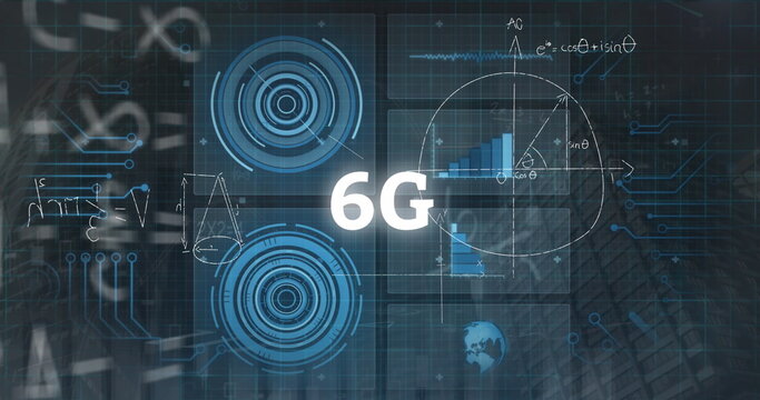 Displaying central 6G text on abstract interface scene, with HUD elements, translucent data panels