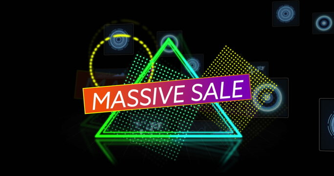 Showcasing neon triangle displaying MASSIVE SALE banner in abstract ad, with grid and circles