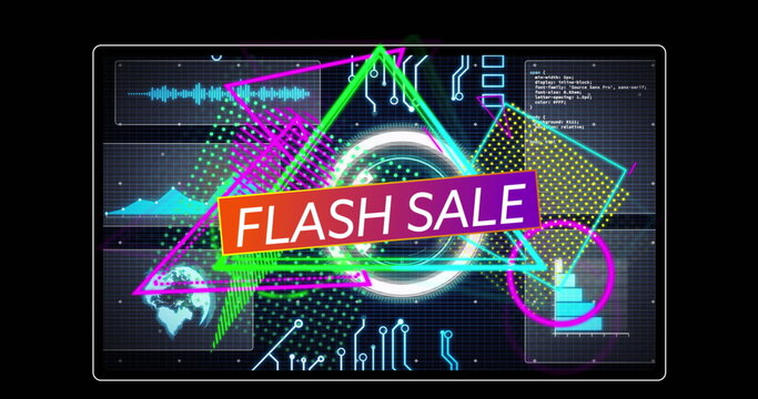 Displaying central FLASH SALE banner glowing within neon circle on screen, with world map icon