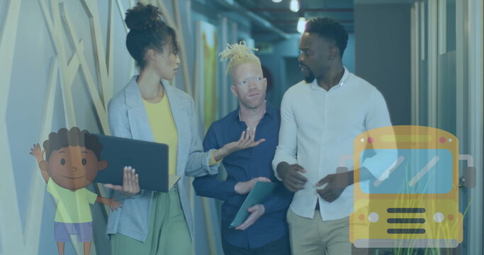 Walking three professionals discussing ideas in office corridor, with laptop tablet and artwork - Powered by Adobe
