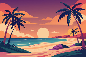 Tropical island sunset with silhouetted palm trees on a sandy beach